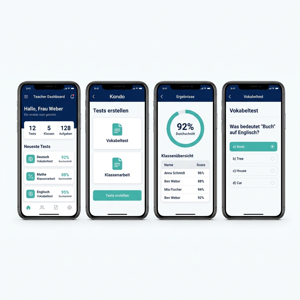 Kando App Vorschau – Dashboard, Tests erstellen, Ergebnisse und Schüleransicht